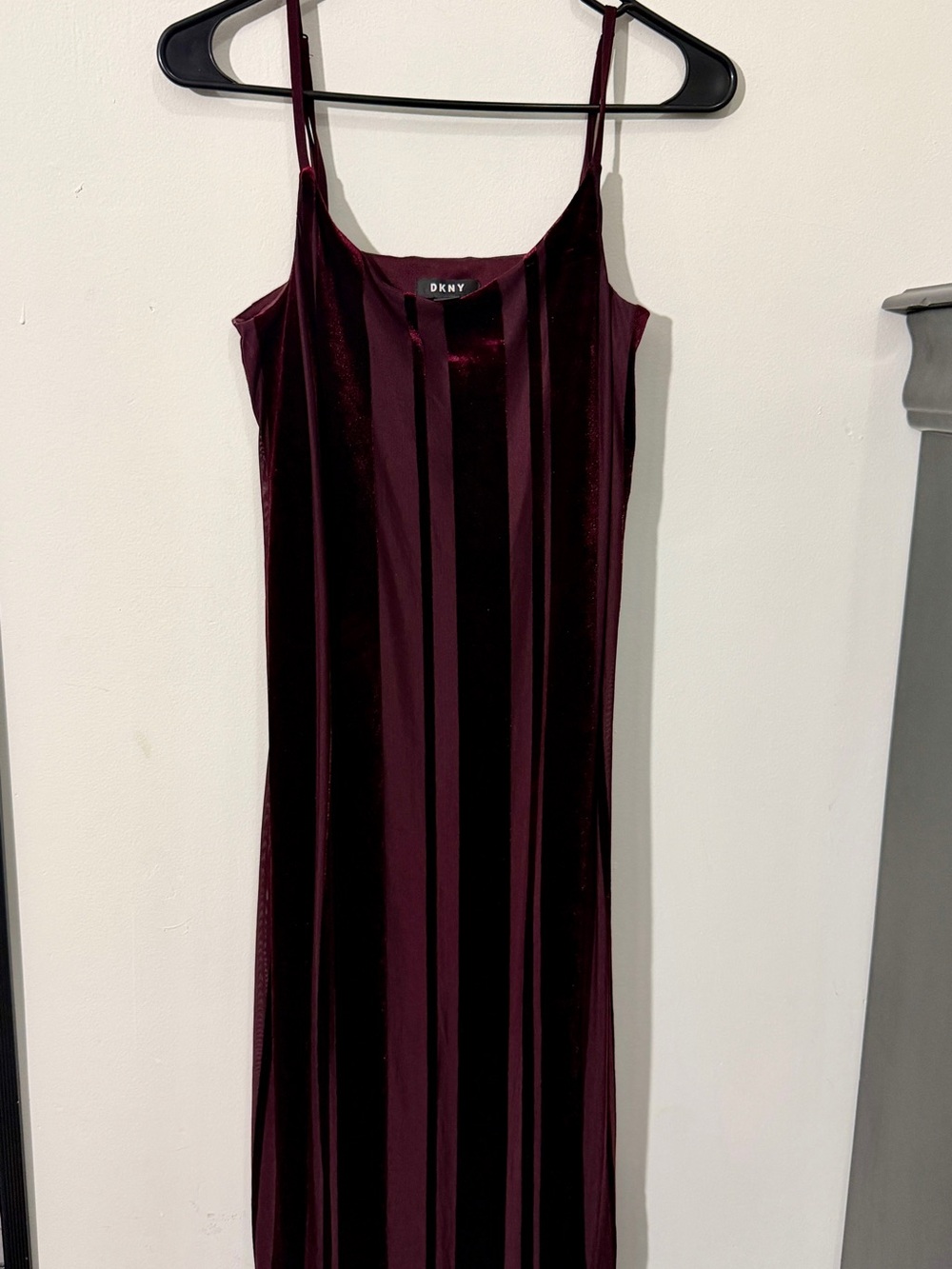 DKNY Burgundy Velvet Midi Slip Dress with Vertical Stripe Detail